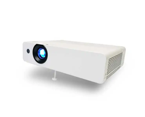 Image shows a white projector with a simple design. Has a big lens on the front with blue light coming out, it’s on. Ventilation grills on the side for cooling. Small adjustable screw foot at the bottom to keep it stable and aligned. Perfect for home entertainment, office presentations and education. Clean and modern design, high quality visuals.