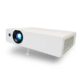 Image shows a white projector with a simple design. Has a big lens on the front with blue light coming out, it’s on. Ventilation grills on the side for cooling. Small adjustable screw foot at the bottom to keep it stable and aligned. Perfect for home entertainment, office presentations and education. Clean and modern design, high quality visuals.