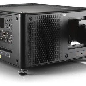 This is a high power black projector for professional use. Industrial design with multiple ventilation grills for cooling. High quality lens at the front. Multiple input/output ports on the side. Adjustable feet for stability and alignment. Perfect for big venues, conferences, theaters, outdoor events where high image quality is required.