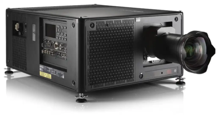 This is a high power black projector for professional use. Industrial design with multiple ventilation grills for cooling. High quality lens at the front. Multiple input/output ports on the side. Adjustable feet for stability and alignment. Perfect for big venues, conferences, theaters, outdoor events where high image quality is required.