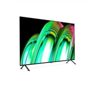 This is a modern, slim 65 Inch UHD Touch Screen Rental with an abstract design in green and pink on a black background. It stands on 2 legs and has super thin bezels around the screen. Perfect for home or office. The colors and image are high definition so great for entertainment, presentations or digital signage.