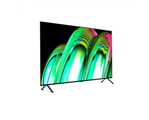 This is a modern, slim 65 Inch UHD Touch Screen Rental with an abstract design in green and pink on a black background. It stands on 2 legs and has super thin bezels around the screen. Perfect for home or office. The colors and image are high definition so great for entertainment, presentations or digital signage.
