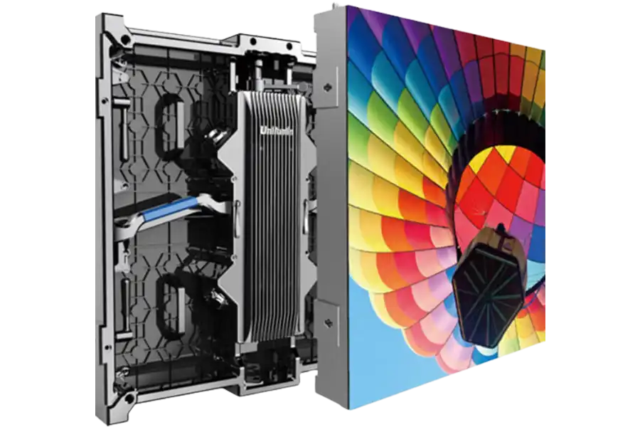 Image showing both the front and internal components of a high-resolution LED video wall panel, displaying a colorful hot air balloon on the screen.