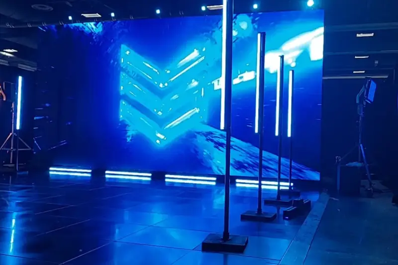 Seamless LED video wall display setup at a corporate event