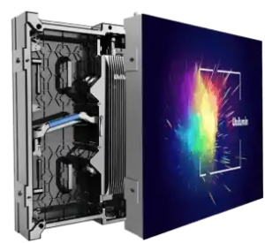 Side view of Unilumin LED video wall panel showing internal structure and vibrant display output