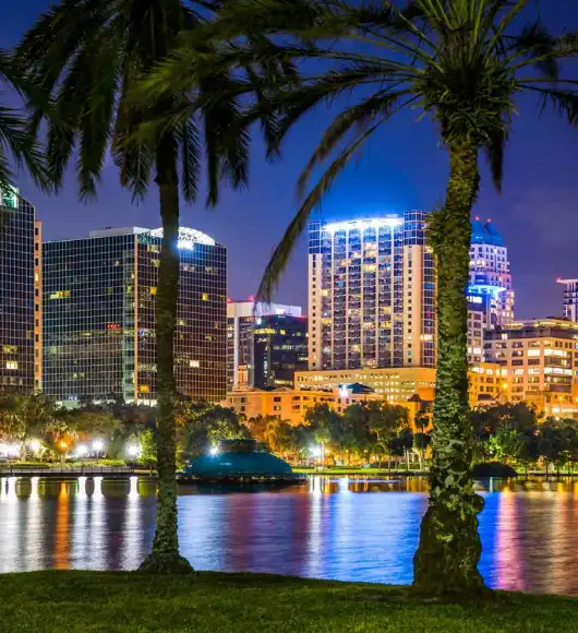 View of the Downtown Orlando skyline at night, with tall buildings illuminated by city lights and reflected in the water, framed by two palm trees in the foreground.