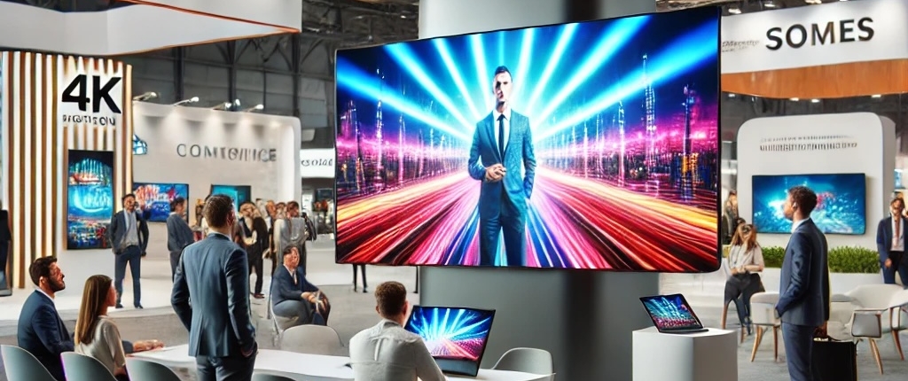 Professional trade show booth featuring a 4K monitor displaying high-resolution visuals and dynamic content, with attendees engaging in presentations and discussions.