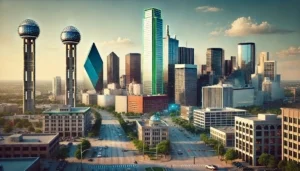 This photo captures the skyline of downtown Dallas, Texas, featuring iconic landmarks like the Bank of America Plaza with its distinctive green lighting and the Reunion Tower with its spherical observation deck. Sleek, glass-covered skyscrapers dominate the cityscape, while streets filled with cars and people emphasize the bustling urban environment. Small areas of greenery, including trees, provide contrast to the concrete and glass structures. The scene is set against a backdrop of a clear blue sky with a few scattered clouds, highlighting the vibrancy and energy of the city.