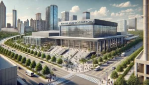Aerial view of the Georgia World Congress Center in Atlanta with surrounding cityscape and trees, a popular venue for conferences and trade shows