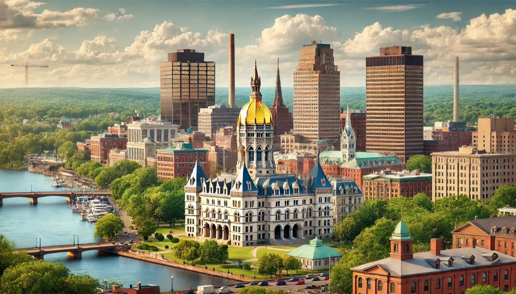 This photo shows the skyline of Hartford, Connecticut, featuring a mix of historic and modern architecture. Prominent buildings like the Travelers Tower and the Gold Building rise into the sky, while the Connecticut State Capitol stands out with its golden dome. Surrounding the Capitol is lush greenery from Bushnell Park, creating a peaceful contrast to the city structures. In the foreground, the Connecticut River reflects the scene, with a few clouds in a bright blue sky adding to the scenic urban view. The image captures a vibrant yet serene atmosphere of the capital city.
