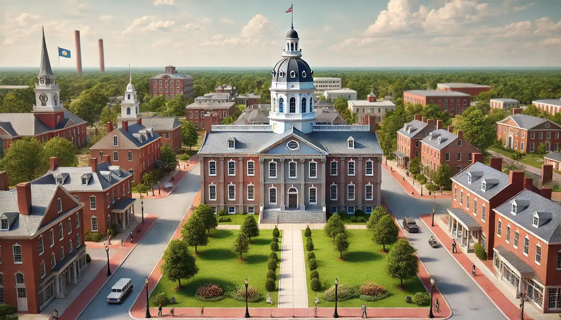 This photo captures Dover, Delaware, showcasing the historic Legislative Hall with its red brick façade and distinctive white dome. The building is surrounded by well-maintained lawns, trees, and walking paths, creating a peaceful and inviting atmosphere. A few people can be seen walking near the area, emphasizing the calm, small-town feel of the capital. The backdrop features a bright, clear sky, enhancing the overall charm of this historic section of Dover.