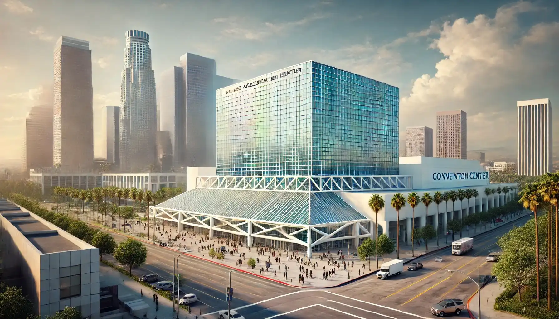 This photo captures the Los Angeles Convention Center with its modern design, featuring a large glass façade and sleek white exterior. The entrance area is busy with people walking and vehicles nearby, reflecting the vibrant activity of the convention center. Palm trees and greenery surround the building, with nearby downtown skyscrapers visible in the background. The scene is set under a clear sky with a few clouds, highlighting the sunny and lively atmosphere of Los Angeles.