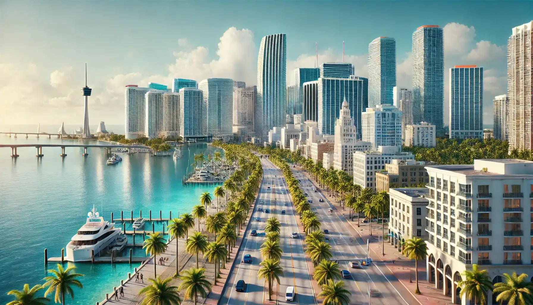 This photo captures downtown Miami, Florida, featuring a modern skyline with tall glass skyscrapers and the iconic Freedom Tower. The image highlights the city’s coastal vibe, with blue waters of Biscayne Bay in the foreground and boats or yachts visible. Palm trees line the streets below, where cars and people can be seen, adding to the vibrant atmosphere. The sunny, bright weather and clear blue sky emphasize the lively and tropical essence of Miami.