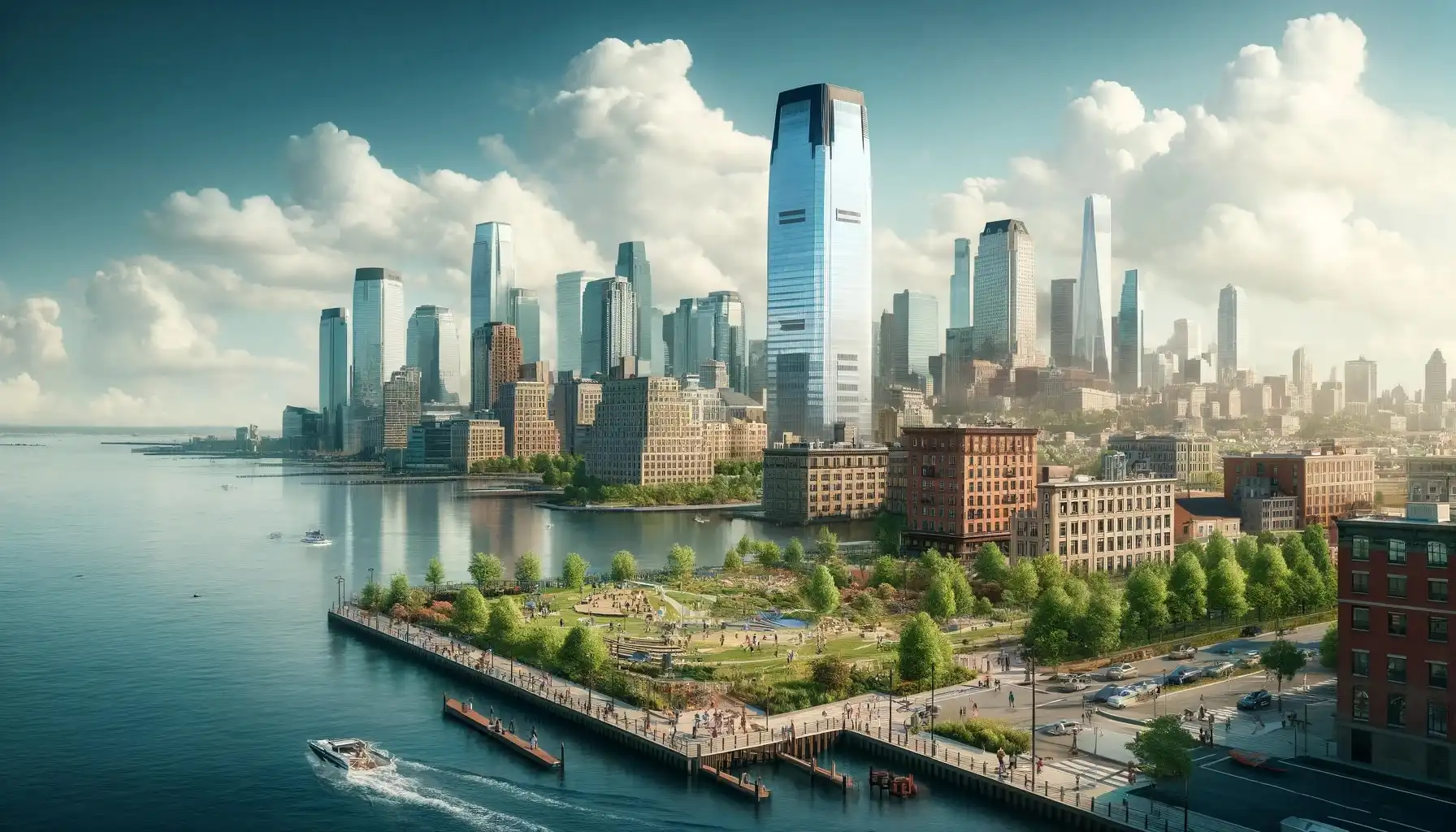 This photo captures the New Jersey skyline as seen from the waterfront, featuring modern skyscrapers like the Goldman Sachs Tower along with historic brick buildings. In the foreground, a park with greenery lines the Hudson River, where people are walking and sitting on benches, and boats are seen on the water. Across the river, the New York City skyline is visible, adding depth to the scene. The sky is bright with a few scattered clouds, contributing to the busy yet scenic urban atmosphere of New Jersey.
