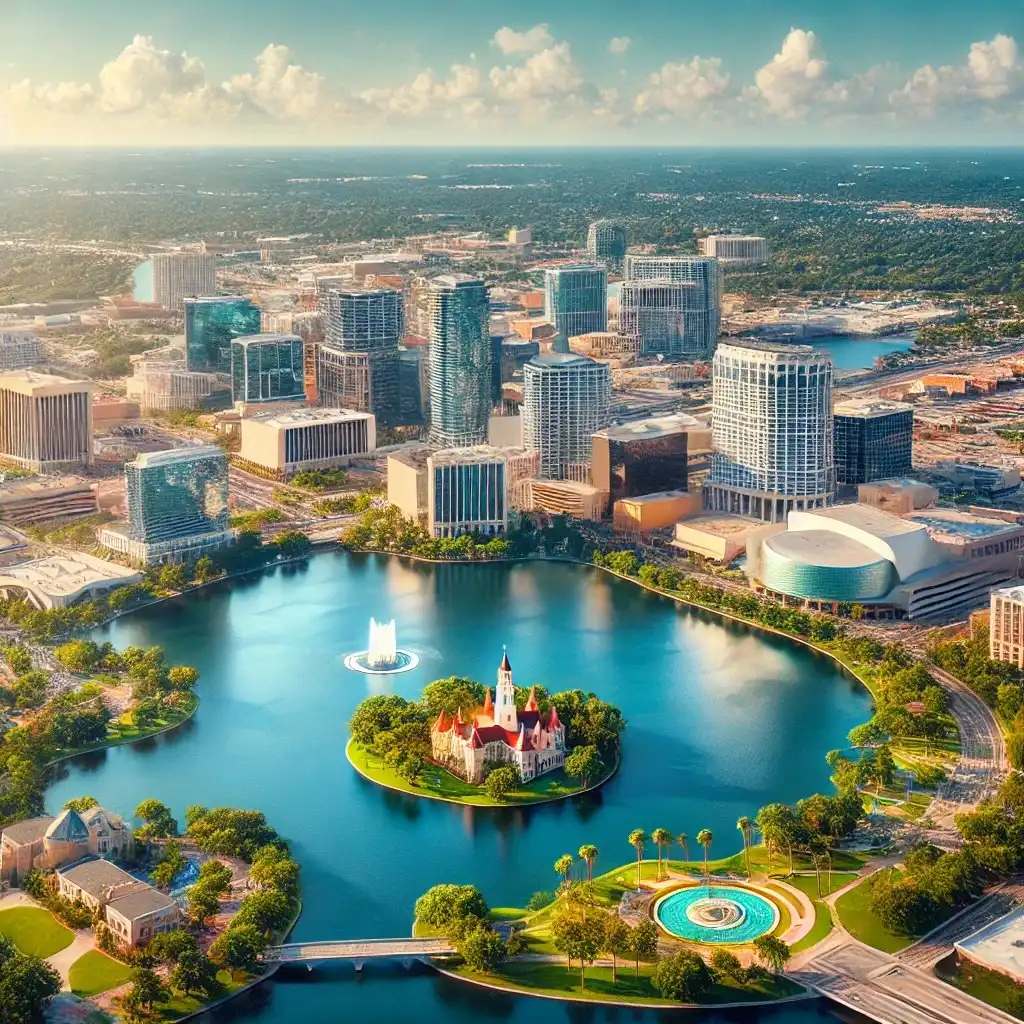 Here’s a high definition aerial of Orlando, Florida on a sunny day. Modern skyscrapers, green parks and lakes. Lake Eola with the fountain and surrounding area is visible. The urban landscape shows Orlando’s busy and lively. Blue sky framed. Nature and urban mixed in Orlando.