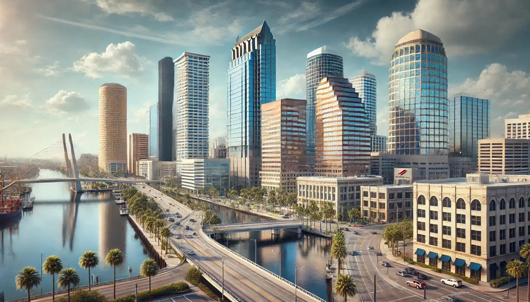 This photo captures downtown Tampa, Florida, featuring a modern skyline with tall glass skyscrapers such as the Bank of America Plaza and SunTrust Financial Centre. The vibrant city atmosphere is highlighted by busy streets filled with cars and pedestrians. In the foreground, the Hillsborough River reflects the surrounding buildings and bridges. Palm trees and greenery line the streets and waterfront, adding a tropical feel to the urban scene. The sky is bright and sunny with a few clouds, complementing the lively, coastal vibe of Tampa.