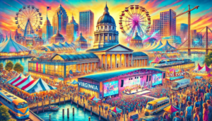 This is Virginia, trade shows and live events. The Virginia State Capitol and the Norfolk waterfront with historic ships and a marina. A big convention center for AV rentals in Virginia in the middle of it all with booths and banners. Live event stage in the foreground with performances and a crowd. Overall, Virginia is the place to be for trade shows and live events.