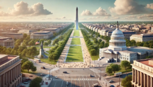 View of the National Mall in Washington, DC with the Washington Monument and U.S. Capitol.