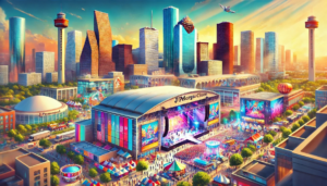 This is a city in full swing with the focus on a big modern event space called JP Morgan Chase. The city has a mix of skyscrapers and iconic buildings so it’s a major city. The event space is hosting a festival or concert with lights, big screens and a big crowd. Around the space are tents, smaller stages and food stands. The image is of a big public event in a city.