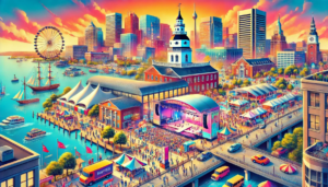 This picture is all about Maryland trade shows and live events. The Maryland State House and Inner Harbor are in the background, with historic ships docked along the waterfront. The convention center is filled with booths and banners and people. In the foreground is a live event stage with a performance and a crowd. It’s all very dynamic and fun – Maryland is the place for big trade shows and live events.