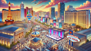 This photo of Las Vegas is all about trade shows and live events. The Las Vegas Strip is lit up and has the Bellagio and Paris Las Vegas hotels. In the foreground a convention center is hosting a trade show with booths and banners and a stage show with an audience. There are people everywhere, it’s Vegas for trade shows and live events.
