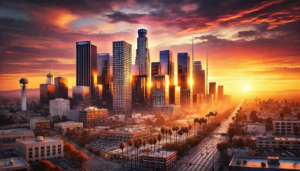 This photo captures downtown Los Angeles at sunset, showcasing the iconic skyline with skyscrapers like the U.S. Bank Tower and Wilshire Grand Center. The sun sets behind the buildings, casting a warm golden glow across the city. The sky is filled with vibrant hues of orange, pink, and purple, which reflect off the glass of the tall skyscrapers. In the foreground, palm trees line the streets, with light traffic visible. The overall atmosphere is calm yet vibrant, with the colors of the sunset enhancing the beauty of the cityscape.