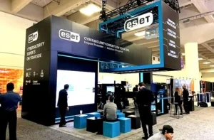 Trade show booth featuring AV equipment setup for ESET Cybersecurity, ideal for conferences in Baltimore
