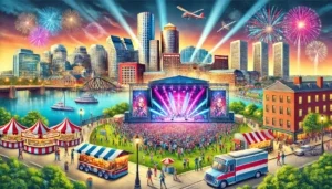 Boston by the Harbor. Big outdoor concert. Crowd, stage, food trucks, Prudential Tower. Fireworks and lights.