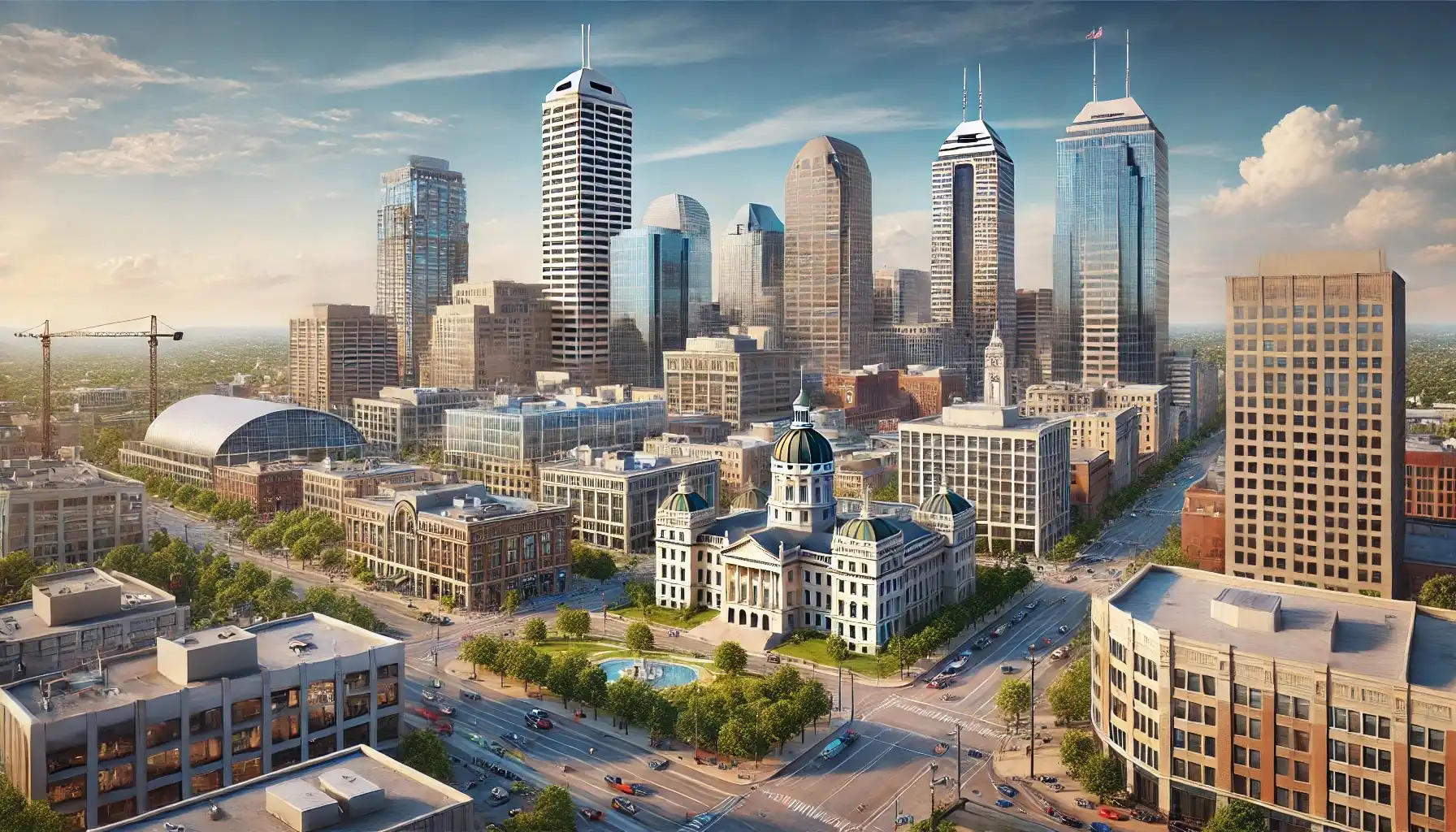 Here’s the Indianapolis skyline on a clear day. The Indiana Statehouse with it’s green dome is front and center surrounded by a mix of new high rises and old buildings. The tall buildings show the growth of the city and the economic activity. The streets are lined with trees and nice buildings showing the history and modernity of the city. Overall it’s a dynamic and pretty city.