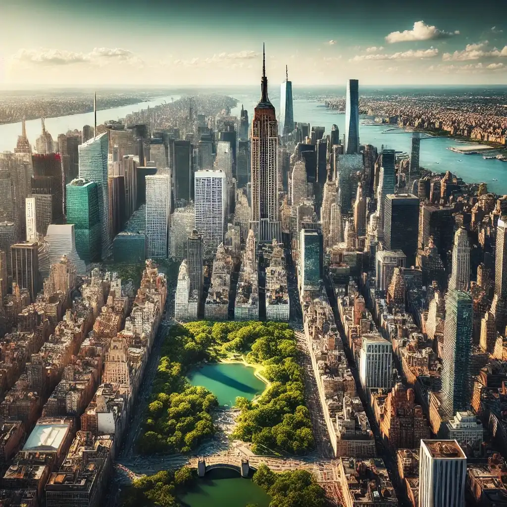 Here’s the NYC skyline in all its high-def glory. You see the Empire State Building and One World Trade Center, the towering skyscrapers amidst the urban jungle. Central Park is the green oasis. The Hudson River and the Brooklyn Bridge are in there too. And that blue sky doesn’t hurt either.