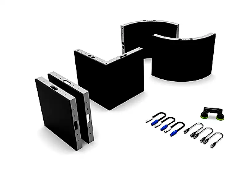 Image showing various beMatrix modular LED tiles, including curved, corner, and flat configurations, along with accompanying accessories such as cables and tools for setup.