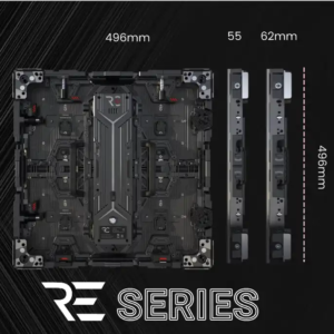 Image showcasing the dimensions and back design of the RECIENCE 1.5mm LED display tile, highlighting its 496mm size and sleek build.