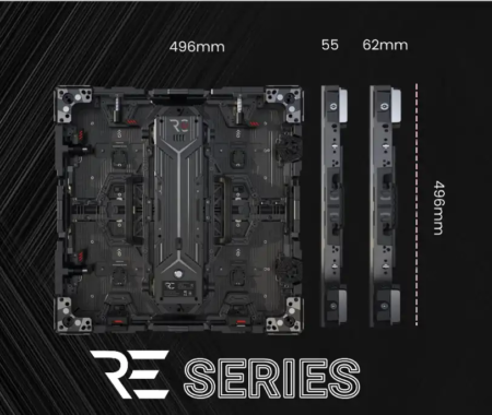 Image showcasing the dimensions and back design of the RECIENCE 1.5mm LED display tile, highlighting its 496mm size and sleek build.