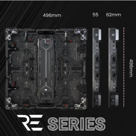 Image showcasing the dimensions and back design of the RECIENCE 1.5mm LED display tile, highlighting its 496mm size and sleek build.