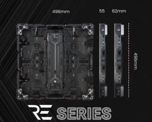 Image showcasing the dimensions and back design of the RECIENCE 1.5mm LED display tile, highlighting its 496mm size and sleek build.