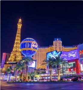 Las Vegas Strip skyline at night with LED video walls and signage – AVR Expos LED Video Wall Rentals