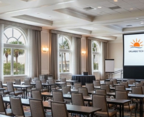 A high-lumen, ceiling-mounted laser projector shining onto a large, crisp projection screen in a well-lit Orlando hotel ballroom for a corporate presentation.
