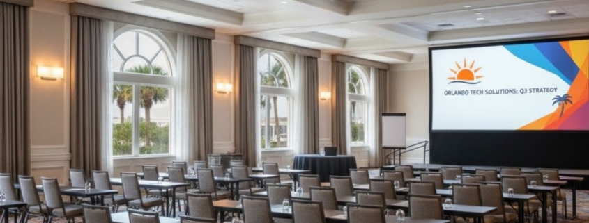 A high-lumen, ceiling-mounted laser projector shining onto a large, crisp projection screen in a well-lit Orlando hotel ballroom for a corporate presentation.
