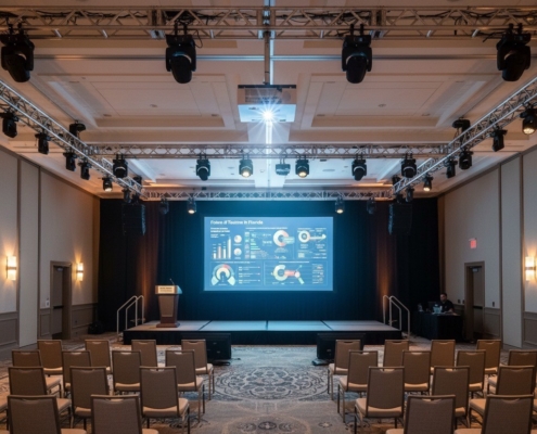 12,000-lumen laser projector with a 9x16 screen in an Orlando hotel ballroom