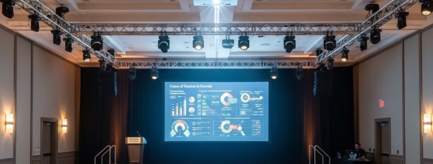 12,000-lumen laser projector with a 9x16 screen in an Orlando hotel ballroom