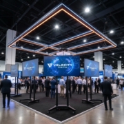 86-inch 4K monitors on rolling stands in a Las Vegas island booth