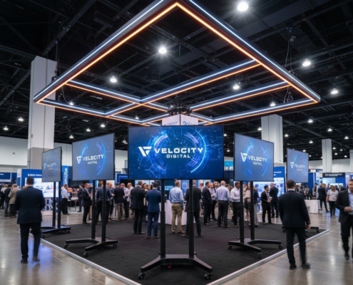 86-inch 4K monitors on rolling stands in a Las Vegas island booth