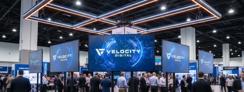 86-inch 4K monitors on rolling stands in a Las Vegas island booth