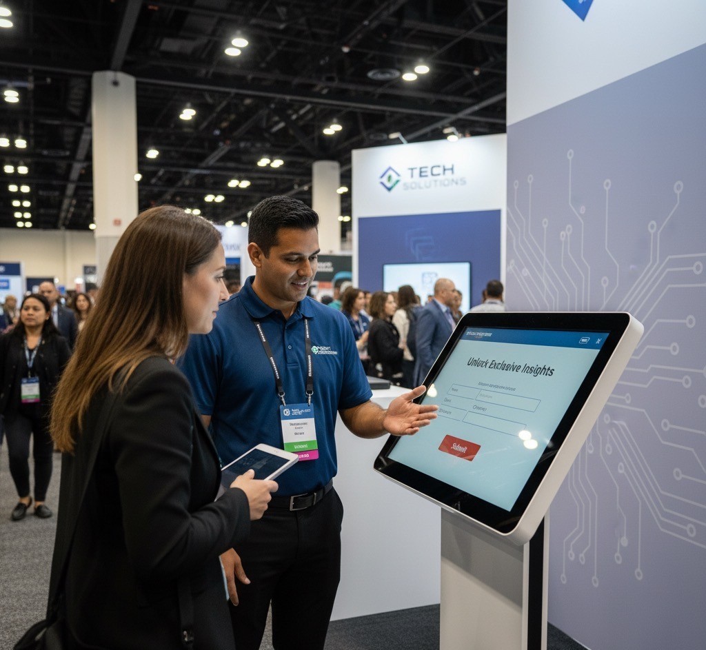 55-inch touchscreen kiosk with lead capture form in a Las Vegas exhibit