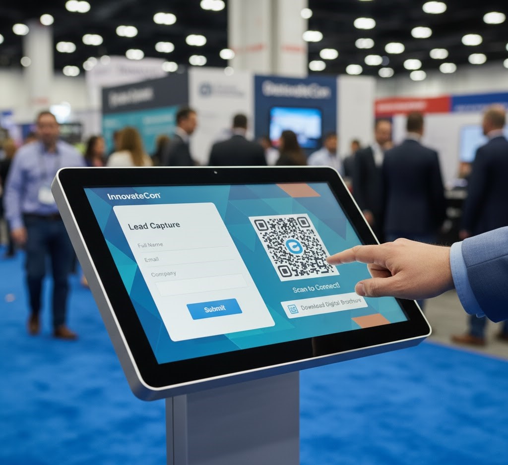 A sleek, 43-inch to 55-inch interactive touchscreen kiosk on a rolling stand being used by a visitor at a vibrant trade show booth in Chicago. The screen displays a branded, colorful digital catalog.