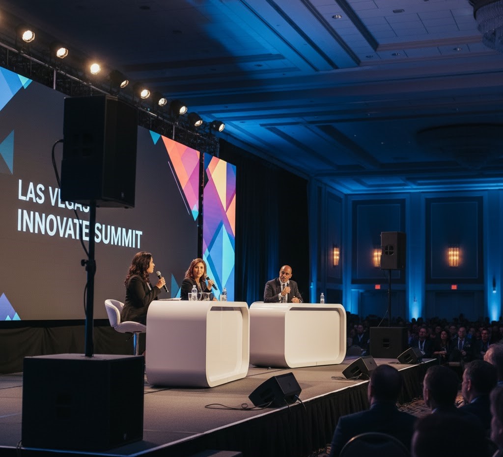A stage setup at a Las Vegas event showing three panelists using wireless handheld microphones for a Q&A session, with visible speakers and a discreet speaker monitor.