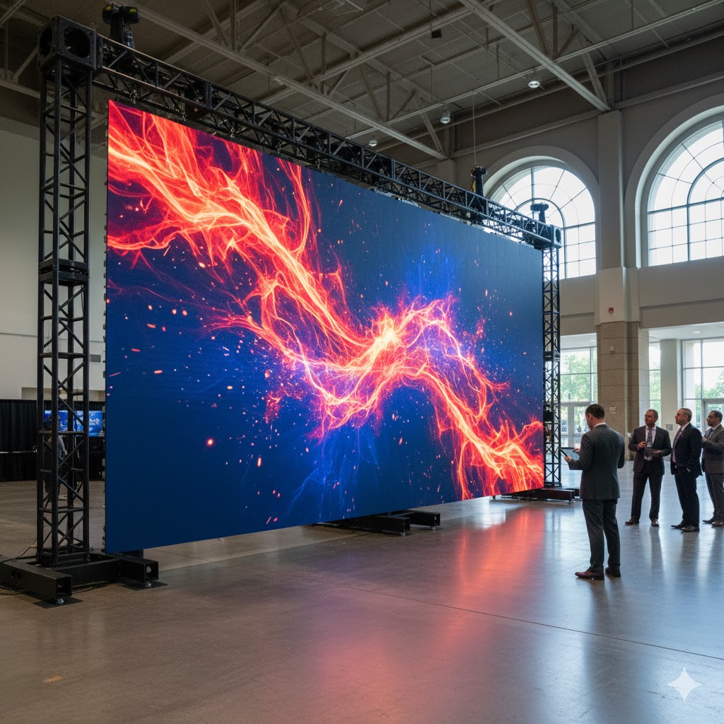 A massive, bright, high-resolution 1.9mm to 2.6mm pixel pitch LED video wall displaying a vivid presentation graphic, set up on the floor of the George R. Brown Convention Center.
