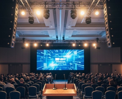 Sound engineer tuning audio equipment for a Washington DC conference event.