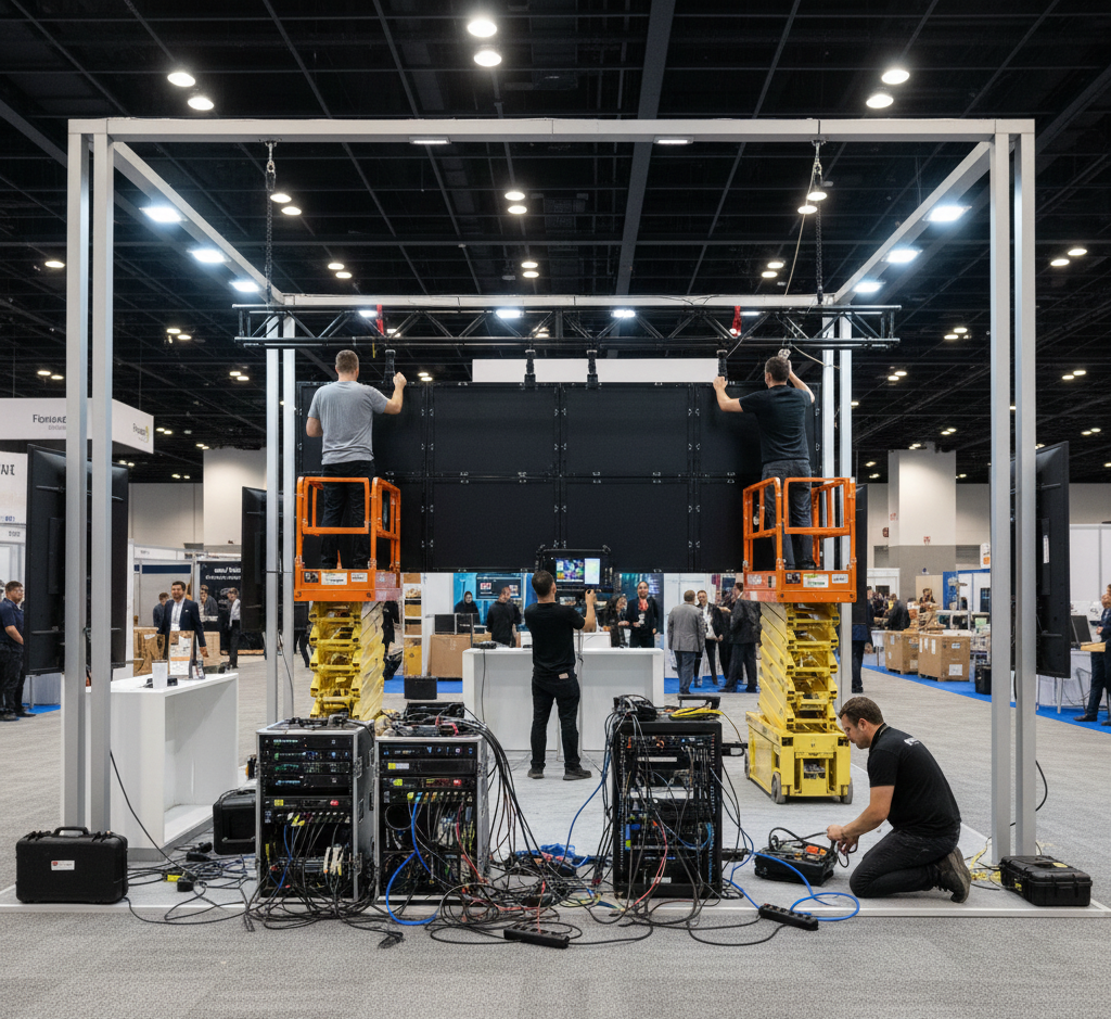 Technician calibrating LED wall brightness and color balance on a show floor.