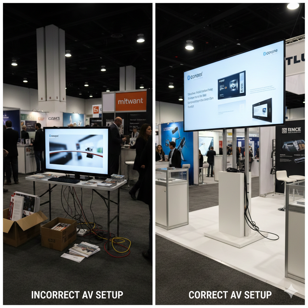 Split image comparing incorrect low-mounted screens on the left and properly elevated commercial displays on the right.
